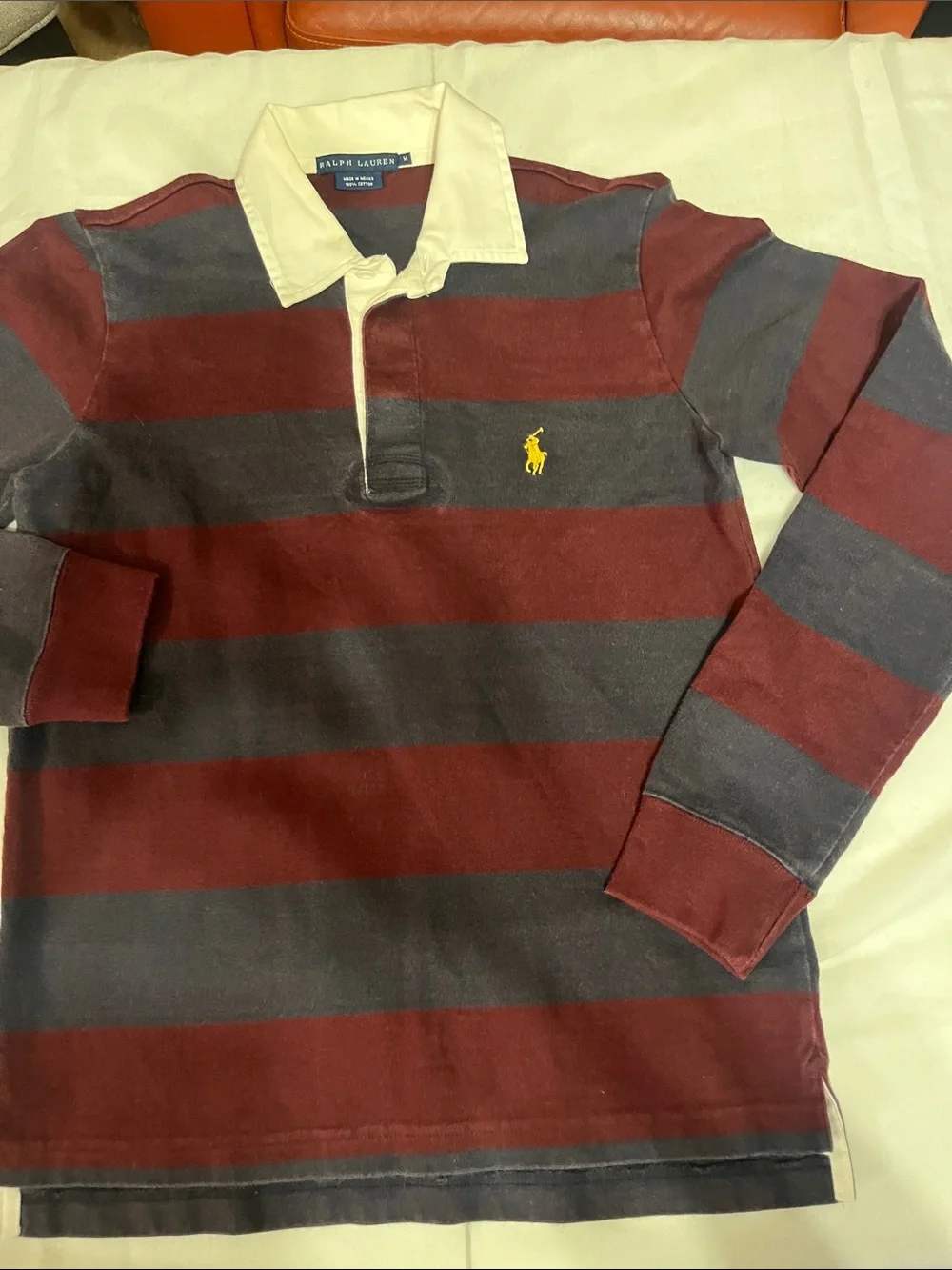 Ralph Lauren Kids Burgundy and Charcoal Striped Rugby Polo with Cream Collar